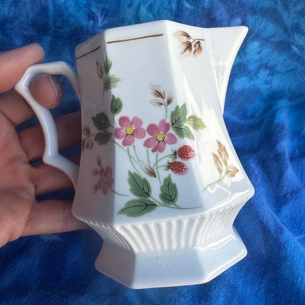 Vintage Nikko Japan Collection Creamer Pitcher White Pink Floral Strawberry